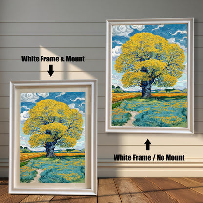 Comparison image: Art print in a White frame with a white mount (mat) next to the same print in a White frame without a mount. Shows a large yellow tree in a field.
