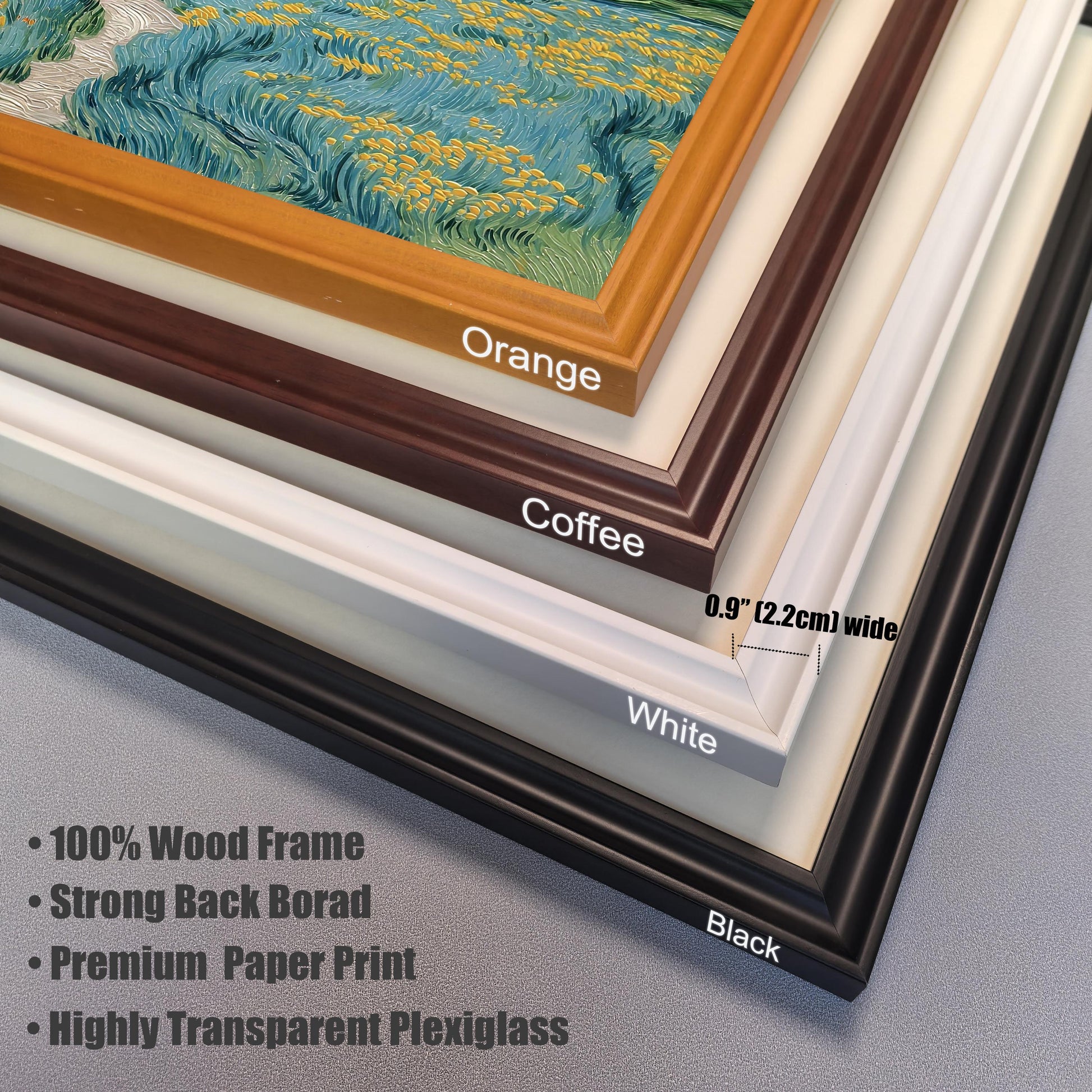 Product feature stack showing corner views of four frame colors: Orange, Coffee, White, and Black. The frame width is noted as 0.9"" (2.2cm) wide. Bullet points list product features: ""100% Wood Frame,"" ""Strong Back Board,"" ""Premium Paper Print,"" and ""Highly Transparent Plexiglass.""