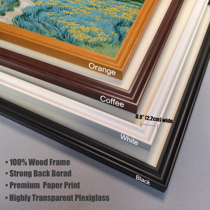 Product feature stack showing corner views of four frame colors: Orange, Coffee, White, and Black. The frame width is noted as 0.9"" (2.2cm) wide. Bullet points list product features: ""100% Wood Frame,"" ""Strong Back Board,"" ""Premium Paper Print,"" and ""Highly Transparent Plexiglass.""