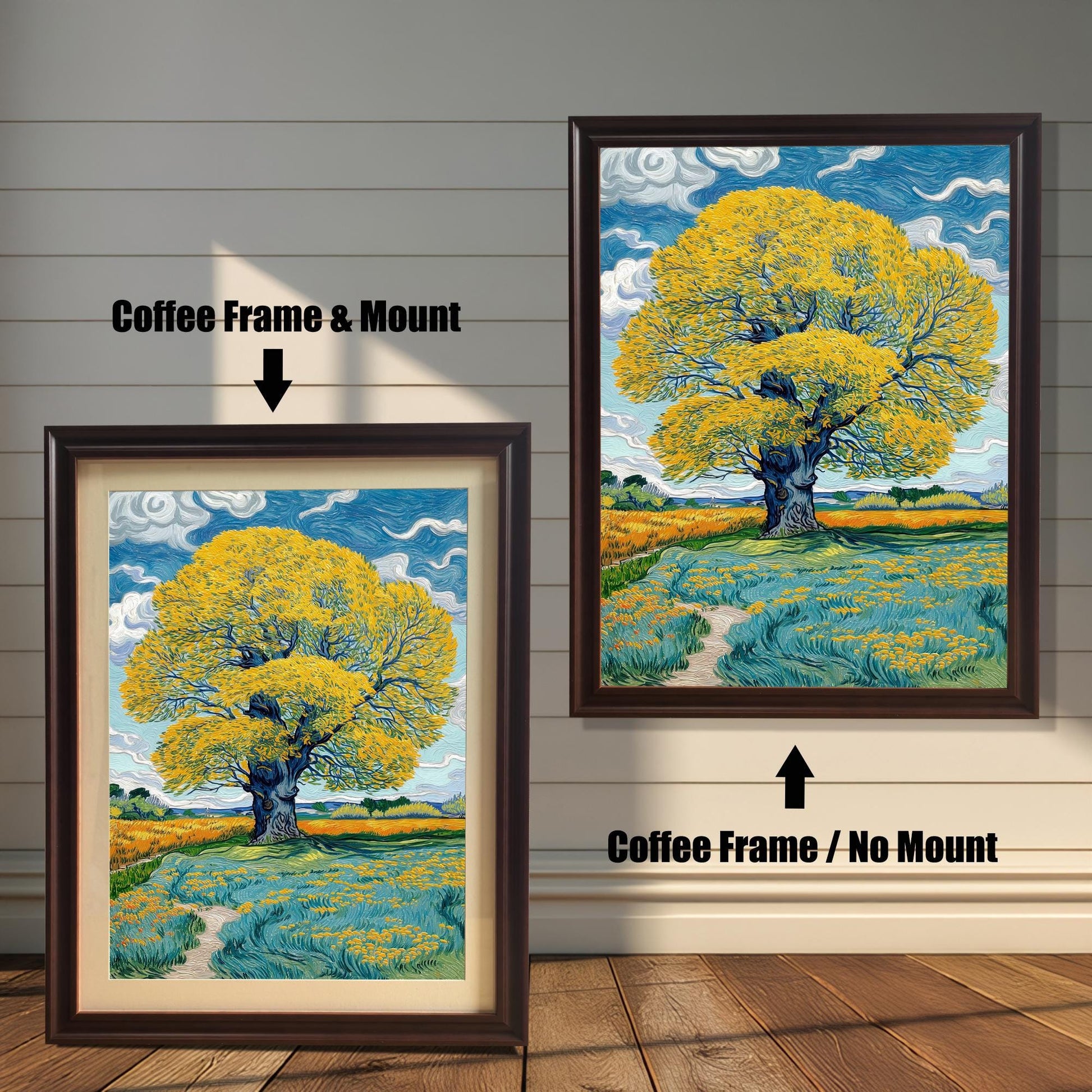 Comparison image: Art print in a Coffee frame with a white mount (mat) next to the same print in a Coffee frame without a mount. Shows a large yellow tree in a field.