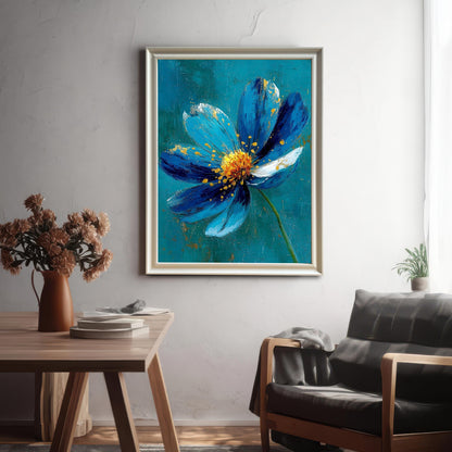 A framed art print of a vibrant blue flower with gold accents and a white petal tip, hanging in a light-colored frame above a dark armchair and wooden table.