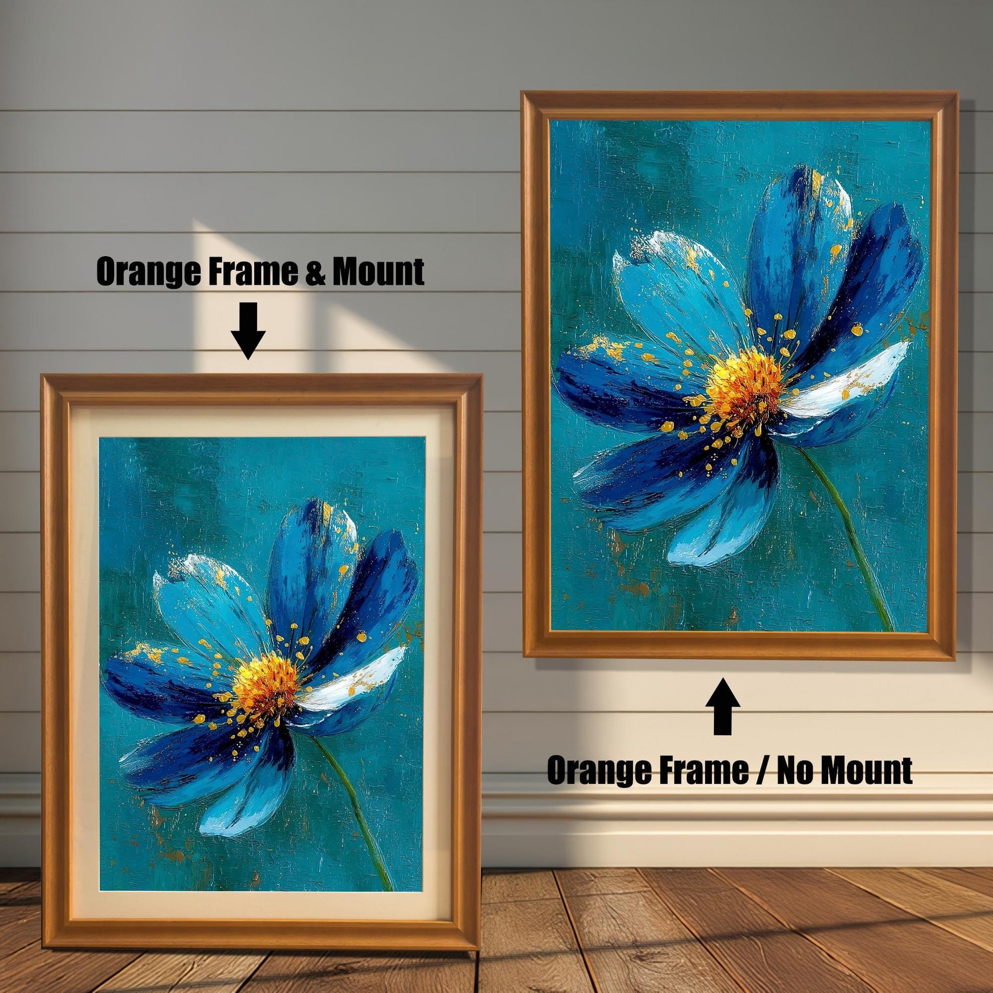 Comparison image: Art print in an Orange frame with a white mount (mat) next to the same print in an Orange frame without a mount. Shows a blue and gold flower.