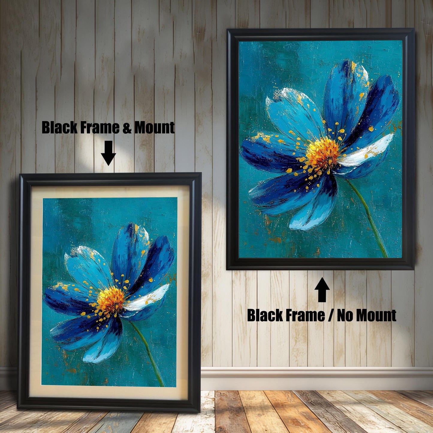 Comparison image: Art print in a Black frame with a white mount (mat) next to the same print in a Black frame without a mount. Shows a blue and gold flower.
