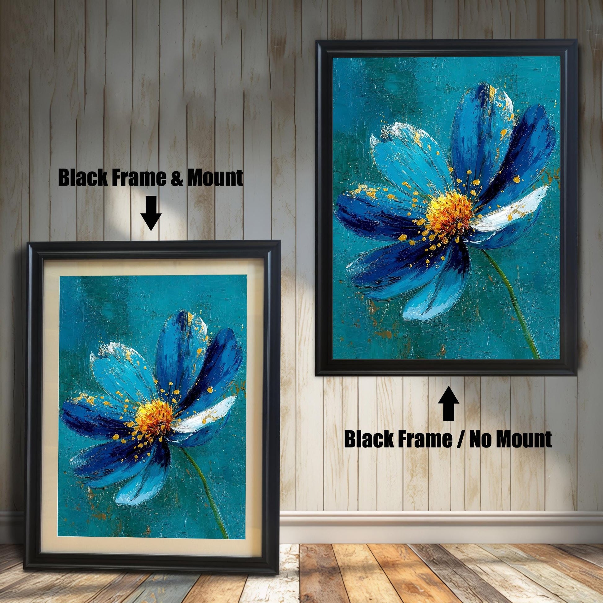 Comparison image: Art print in a Black frame with a white mount (mat) next to the same print in a Black frame without a mount. Shows a blue and gold flower.
