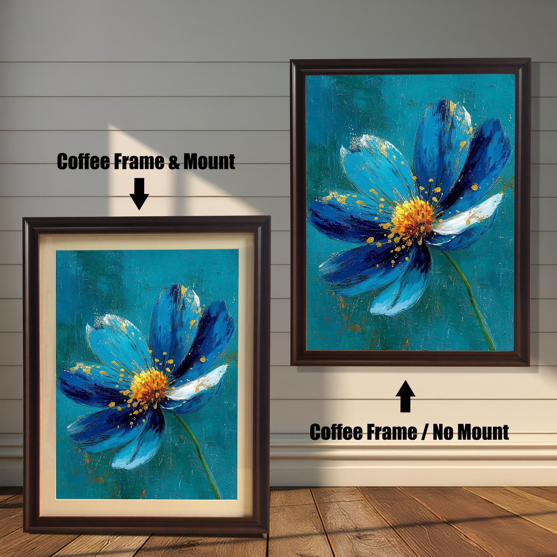 Comparison image: Art print in a Coffee frame with a white mount (mat) next to the same print in a Coffee frame without a mount. Shows a blue and gold flower.