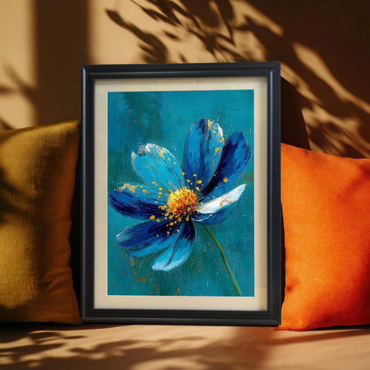 A framed art print of an abstract blue and gold flower painting, set in a Black frame with a mount (mat), leaning between an orange and a yellow cushion. Cast shadows create a dramatic backdrop.