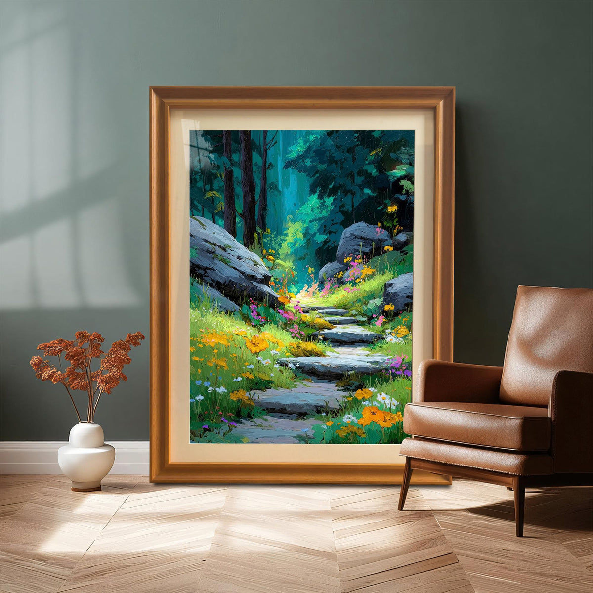 A very large framed print of the stone forest path, set in an Orange-toned wooden frame with a mount, leaning on a wood floor against a dark green wall next to a brown leather armchair.