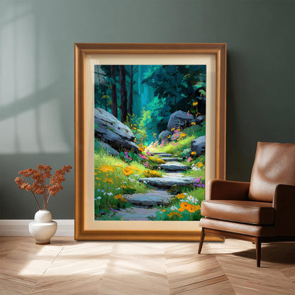 A very large framed print of the stone forest path, set in an Orange-toned wooden frame with a mount, leaning on a wood floor against a dark green wall next to a brown leather armchair.