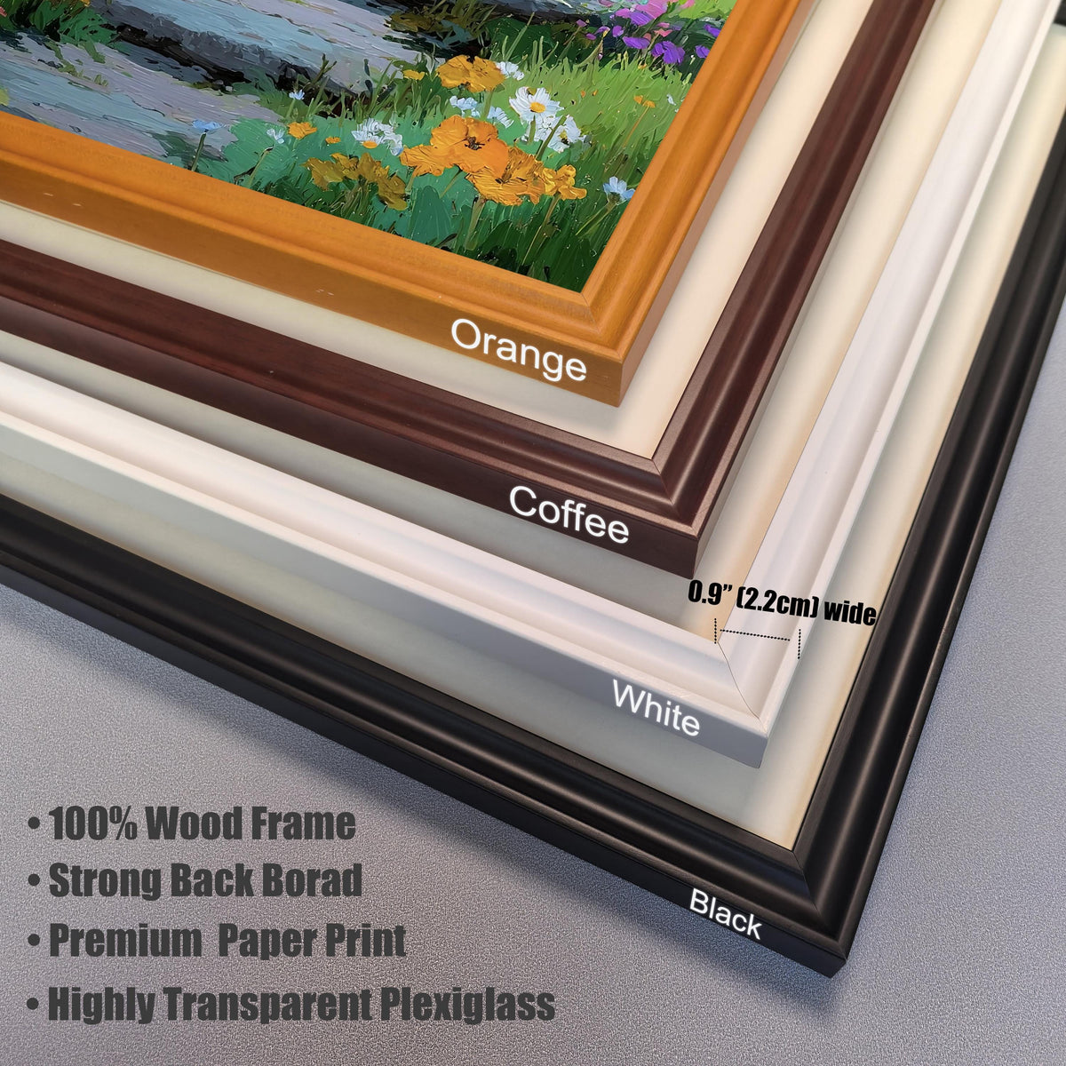Product feature stack showing corner views of four frame colors: Orange, Coffee, White, and Black. The frame width is noted as 0.9"" (2.2cm) wide. Bullet points list product features: ""100% Wood Frame,"" ""Strong Back Board,"" ""Premium Paper Print,"" and ""Highly Transparent Plexiglass.""
