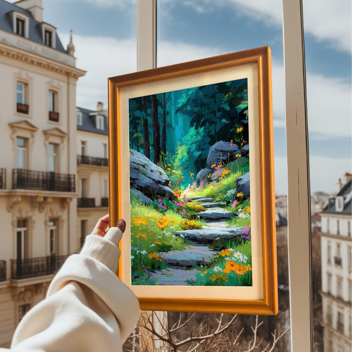 A person holds the framed art print with an Orange frame up to a window overlooking a European cityscape. The print depicts a sunlit stone path in a mystical forest.