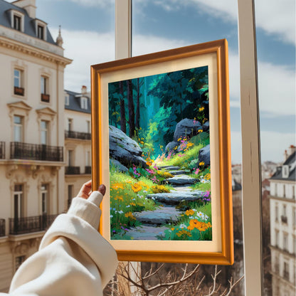 A person holds the framed art print with an Orange frame up to a window overlooking a European cityscape. The print depicts a sunlit stone path in a mystical forest.