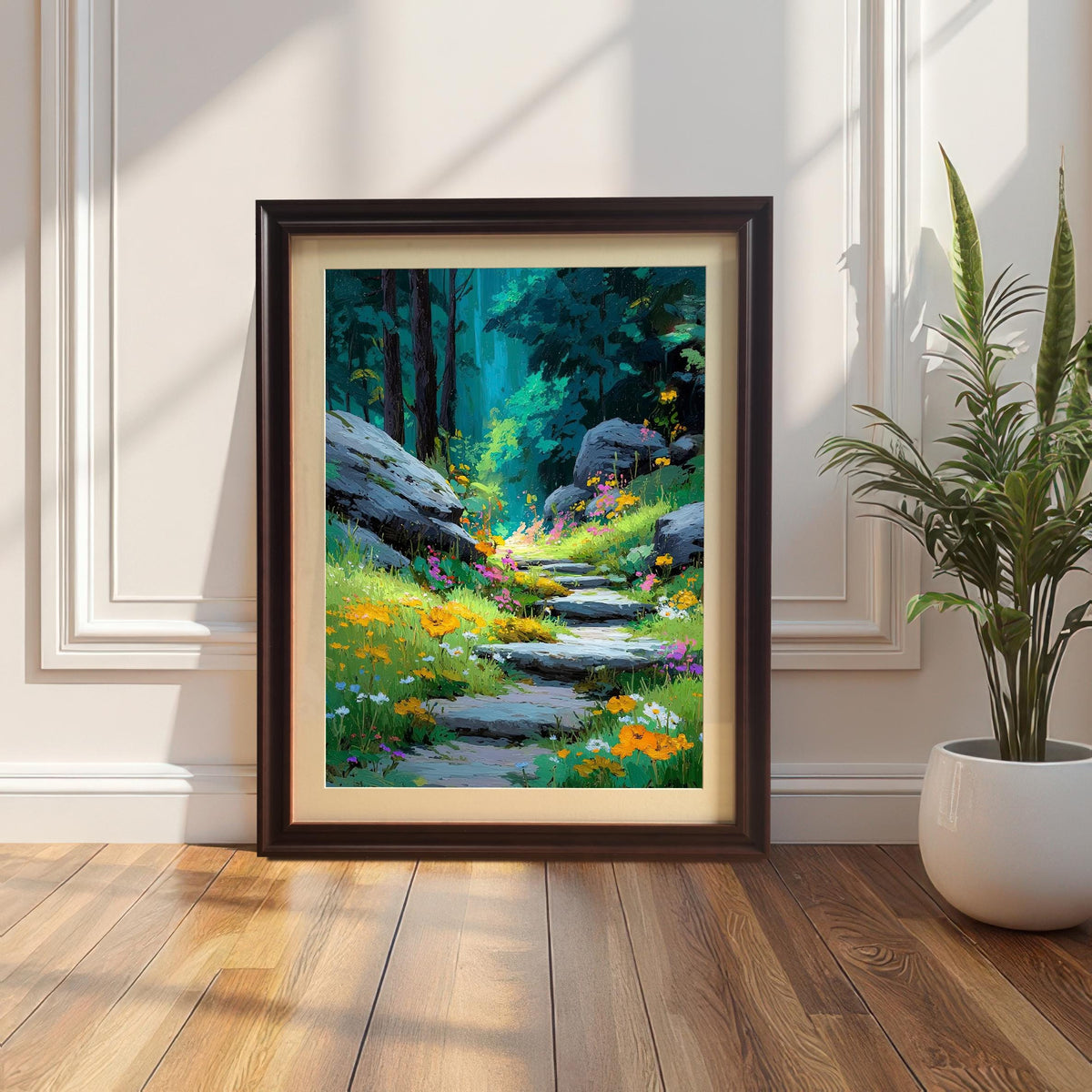 A framed art print of a bright, sunlit forest path with stone steps and vibrant wildflowers, set in a Coffee-colored frame with a mount (mat), leaning on a wood floor next to a houseplant.