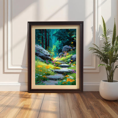 A framed art print of a bright, sunlit forest path with stone steps and vibrant wildflowers, set in a Coffee-colored frame with a mount (mat), leaning on a wood floor next to a houseplant.