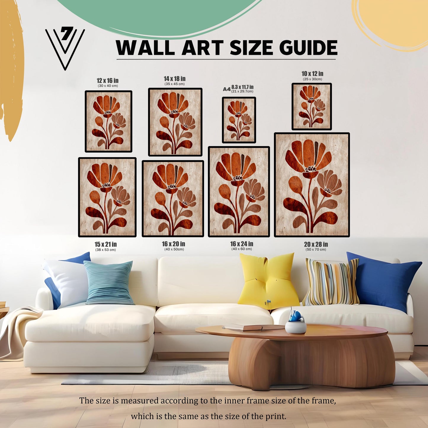 Wall Art Size Guide showing eight different sizes of the framed floral print arranged over a white living room sofa. Available sizes include 12x16, 14x18, A4 (8.3x11.7), 10x12, 15x21, 16x20, 16x24, and 20x28 inches. The image provides context for size selection. (This clearly describes the size guide.)