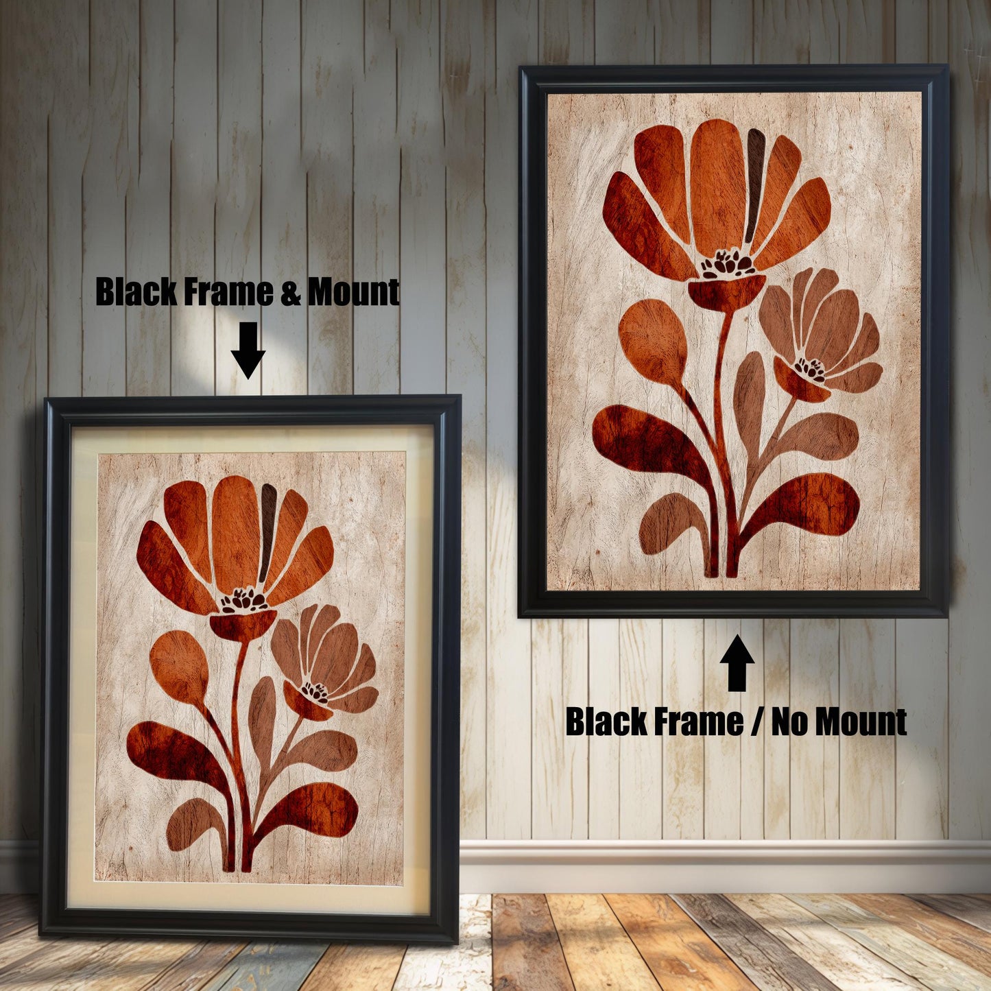 Comparison of two framed art prints: A smaller print with a black frame and a beige mount/mat, and a larger print with a black frame but no mount. Both feature the stylized rust-orange floral design. (This focuses on the black frame and mounting options.)