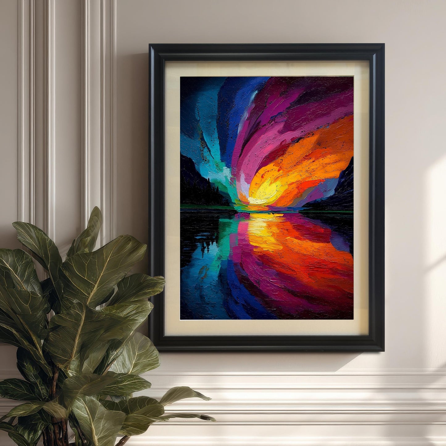 Vertical framed art print of the abstract, colorful swirling landscape with a Black frame and a beige mount/mat, hung on a paneled wall next to a large green indoor plant.