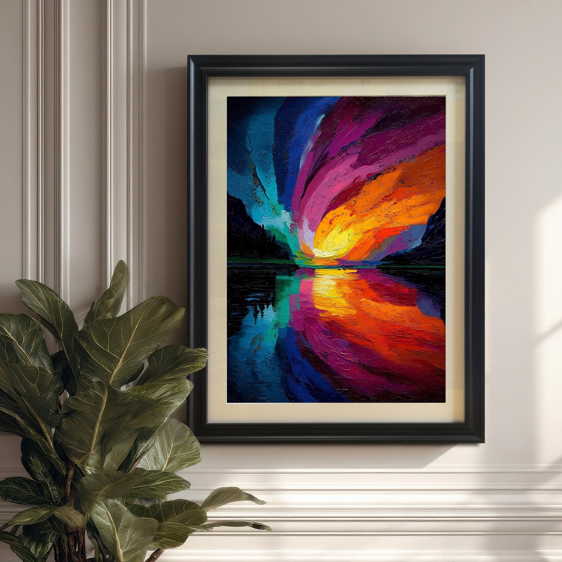 Vertical framed art print of the abstract, colorful swirling landscape with a Black frame and a beige mount/mat, hung on a paneled wall next to a large green indoor plant.