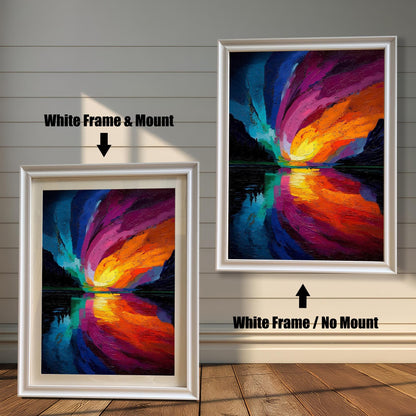 Comparison of two framed art prints: A smaller print with a White frame and a beige mount/mat, and a larger print with a white frame but no mount. Both feature the abstract colorful swirling sky landscape.