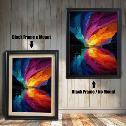 Comparison of two framed art prints: A smaller print with a Black frame and a beige mount/mat, and a larger print with a black frame but no mount. Both feature the abstract colorful swirling sky landscape.