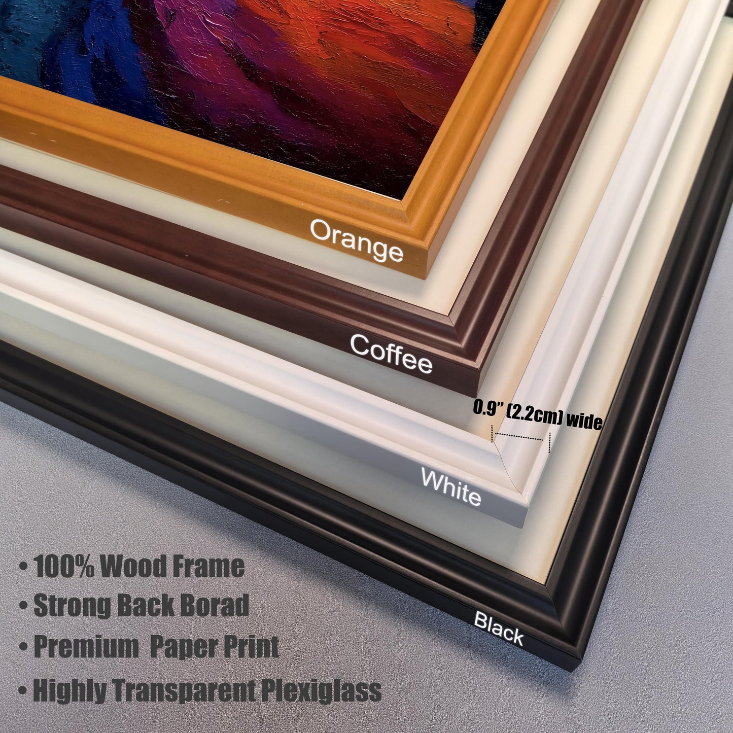 Close-up stack of the four available wood frame corners in different colors: Orange, Coffee (dark brown), White, and Black. Text notes the 0.9 inch (2.2cm) width and lists frame features: 100% Wood Frame, Strong Back Borad, Premium Paper Print, Highly Transparent Plexiglass.
