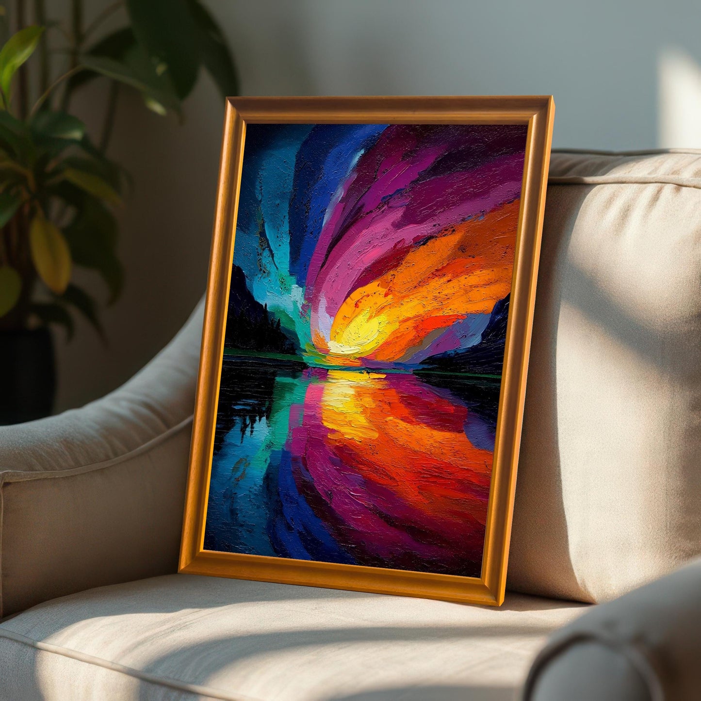 Vertical framed art print of an abstract, colorful landscape featuring a swirling sunset/aurora effect in orange, yellow, magenta, and blue reflecting over a dark lake. The print is framed with an Orange/Gold wood frame and is resting on the arm of a beige upholstered chair.