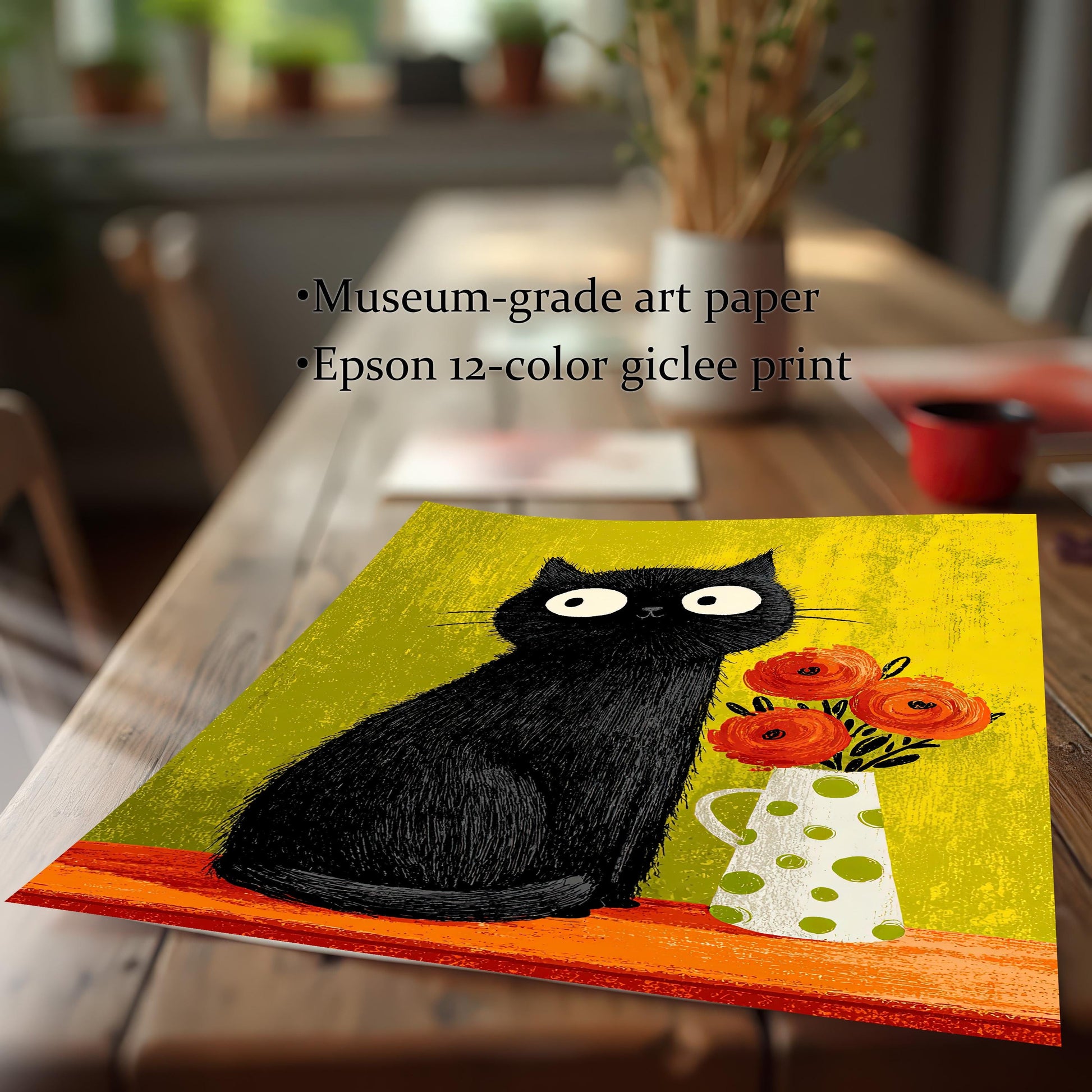 Close-up of the unframed art print lying on a rustic wooden table, showing the textured illustration of the black cat and flowers. Text overlay highlights the quality: Museum-grade art paper and Epson 12-color giclee print.