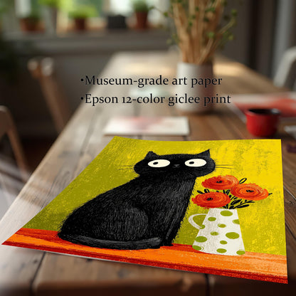 Close-up of the unframed art print lying on a rustic wooden table, showing the textured illustration of the black cat and flowers. Text overlay highlights the quality: Museum-grade art paper and Epson 12-color giclee print.