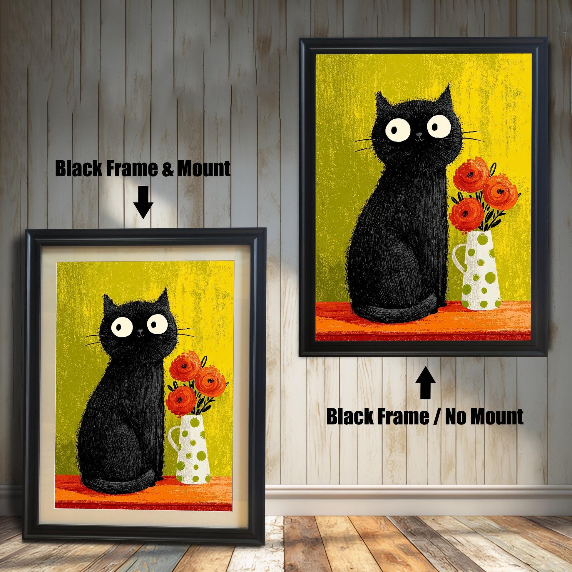 Comparison of two framed prints: A smaller print with a Black frame and a beige mount/mat, and a larger print with a black frame but no mount. Both feature the black cat art.