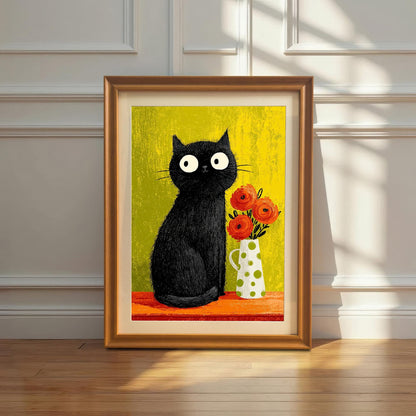 Vertical framed art print of a whimsical black cat and orange flowers against a lime-green background, displayed in an Orange/Gold wood frame with a mount/mat. The print is leaning on a hardwood floor against a white paneled wall with a plant in a white vase on the side.
