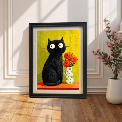 Vertical framed art print of a whimsical black cat and orange flowers against a lime-green background, displayed in a Black wood frame. The print is leaning on a hardwood floor against a white paneled wall with a plant in a white vase on the side.
