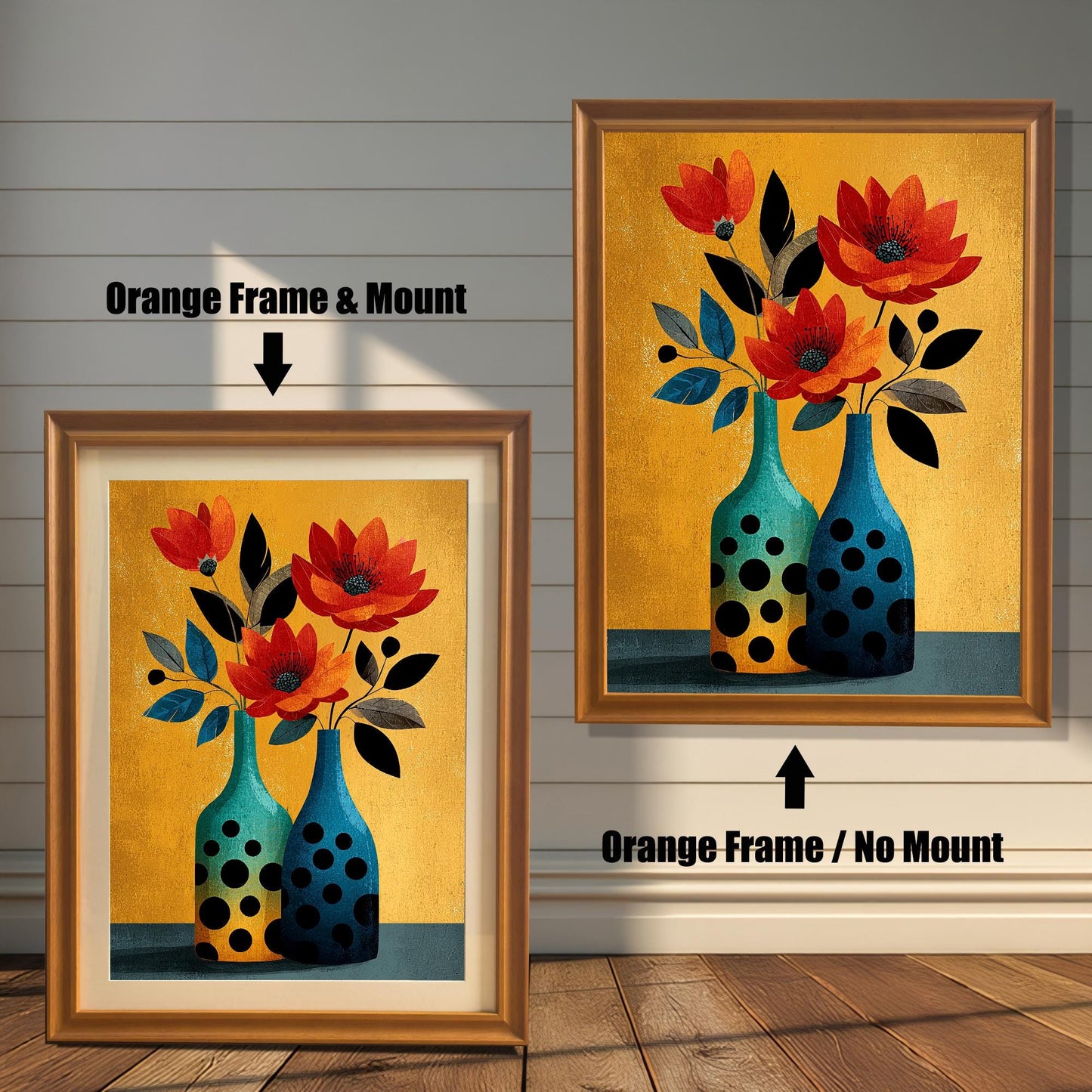 Comparison of two framed art prints: A smaller print with an Orange/Gold frame and a beige mount/mat, and a larger print with an orange frame but no mount. Both feature the abstract floral print with a gold background.
