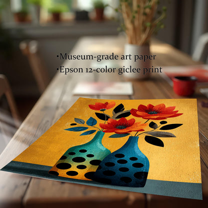 Close-up of the unframed art print lying on a rustic wooden table, showing the textured illustration of orange flowers and two polka-dot vases on a rich gold background. Text overlay highlights: Museum-grade art paper and Epson 12-color giclee print.