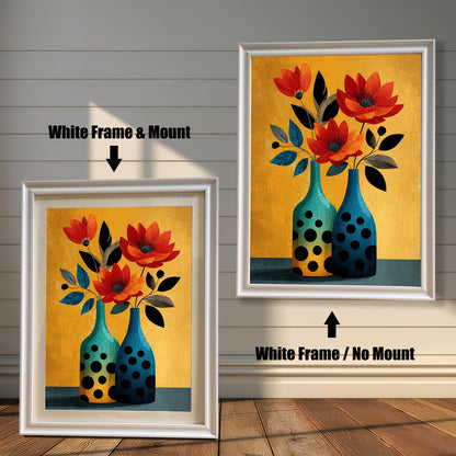 Comparison of two framed art prints: A smaller print with a White frame and a beige mount/mat, and a larger print with a white frame but no mount. Both feature the abstract floral print with a gold background.