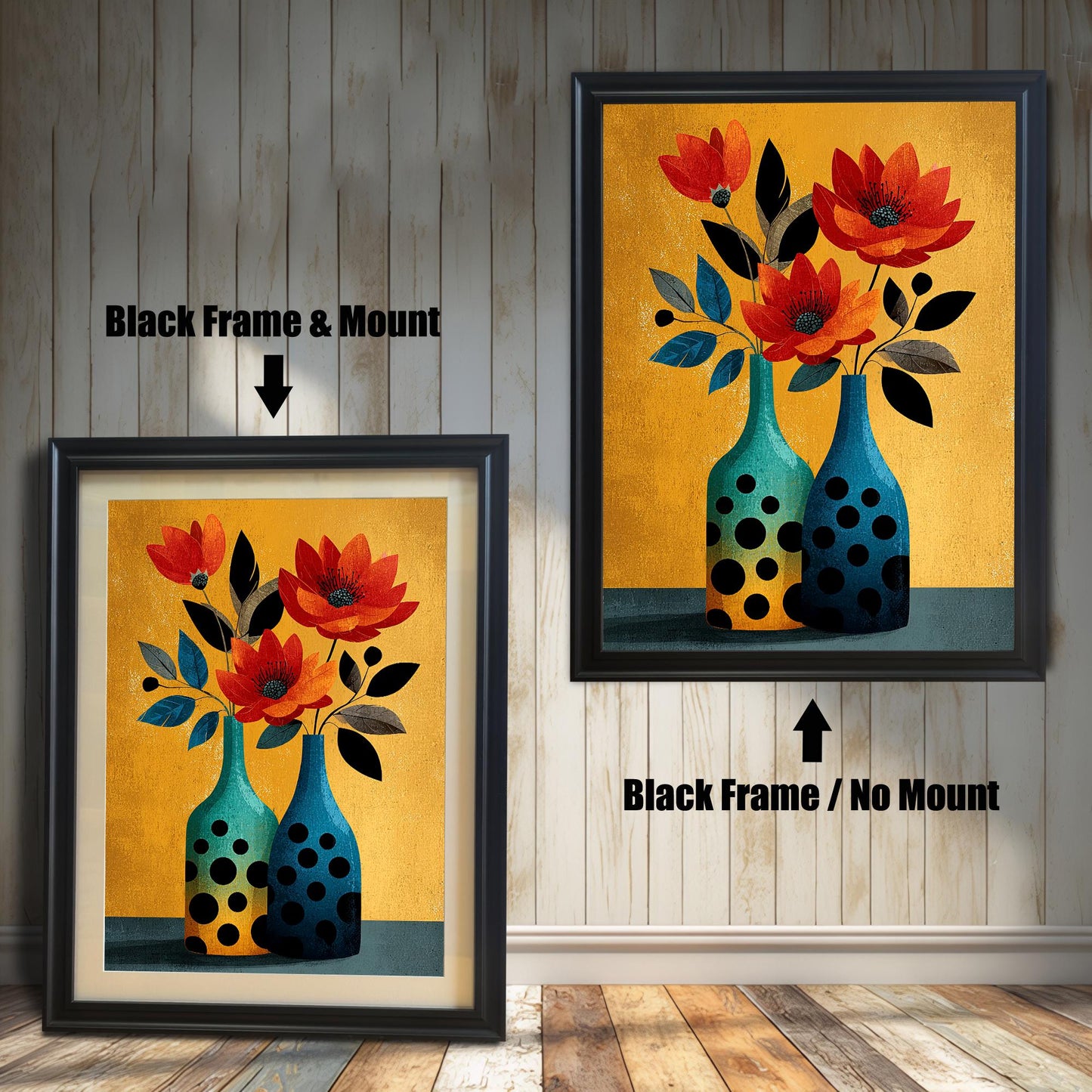 Comparison of two framed art prints: A smaller print with a Black frame and a beige mount/mat, and a larger print with a black frame but no mount. Both feature the abstract floral print with a gold background