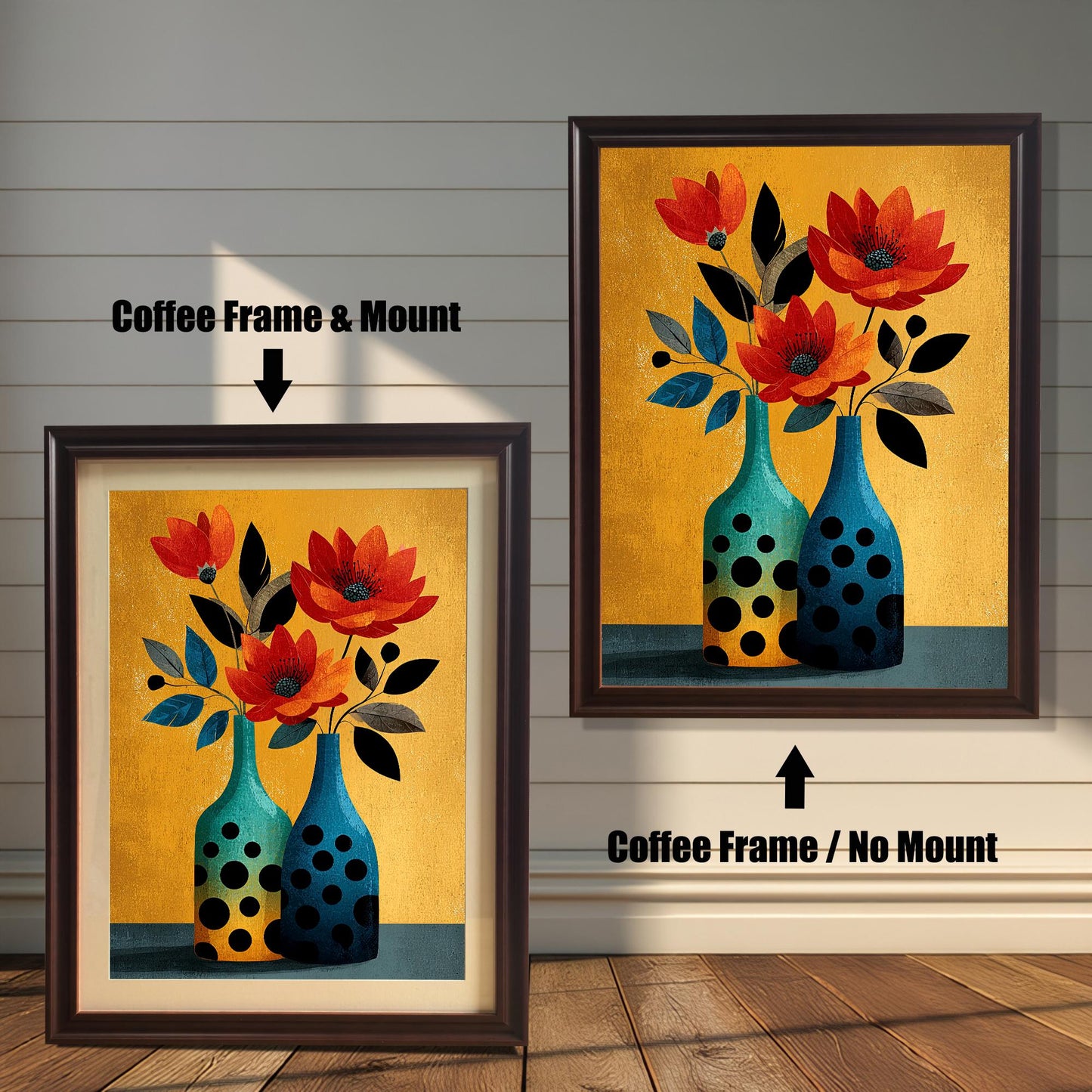 Comparison of two framed art prints: A smaller print with a Coffee/Dark Brown frame and a beige mount/mat, and a larger print with a coffee frame but no mount. Both feature the abstract floral print with a gold background.