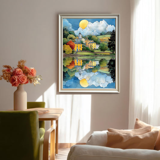 Vertical framed art print in a bright interior setting, featuring a yellow village scene with a church, reflection in water, and a bright sun/moon against a blue sky with white clouds. The frame appears to be silver or light grey