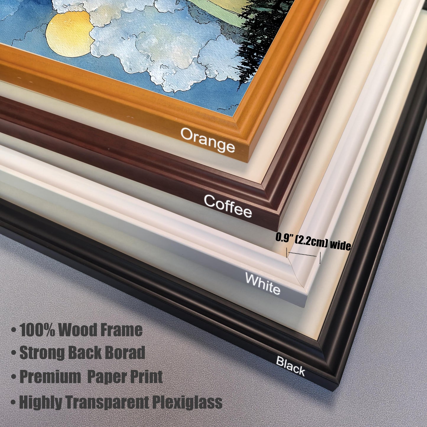 Close-up stack of frame corners showing the Orange, Coffee, White, and Black frame color options. Text indicates they are 100% Wood Frame, Premium Paper Print, and include Highly Transparent Plexiglass. The frame width is 0.9"" (2.2cm).