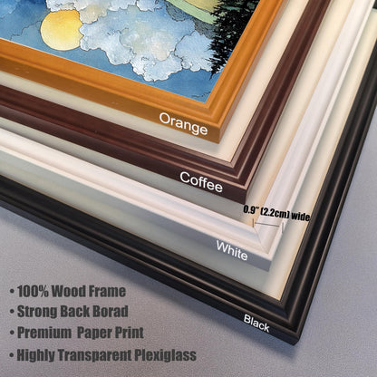 Close-up stack of frame corners showing the Orange, Coffee, White, and Black frame color options. Text indicates they are 100% Wood Frame, Premium Paper Print, and include Highly Transparent Plexiglass. The frame width is 0.9"" (2.2cm).