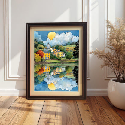 A vertically framed art print with a Coffee or Dark Brown wood frame and a mount (matting), leaning on a white wainscoted wall and light wood floor. The art features a colorful village and church reflecting in the water under a large yellow sun/moon and cloudy sky.