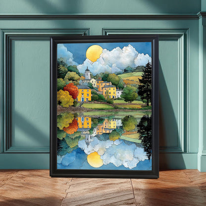 A vertically framed art print with a Black wood frame, leaning on a teal/dark green wainscoted wall and light wood floor. The art features a colorful village and church reflecting in the water under a large yellow sun/moon and cloudy sky.