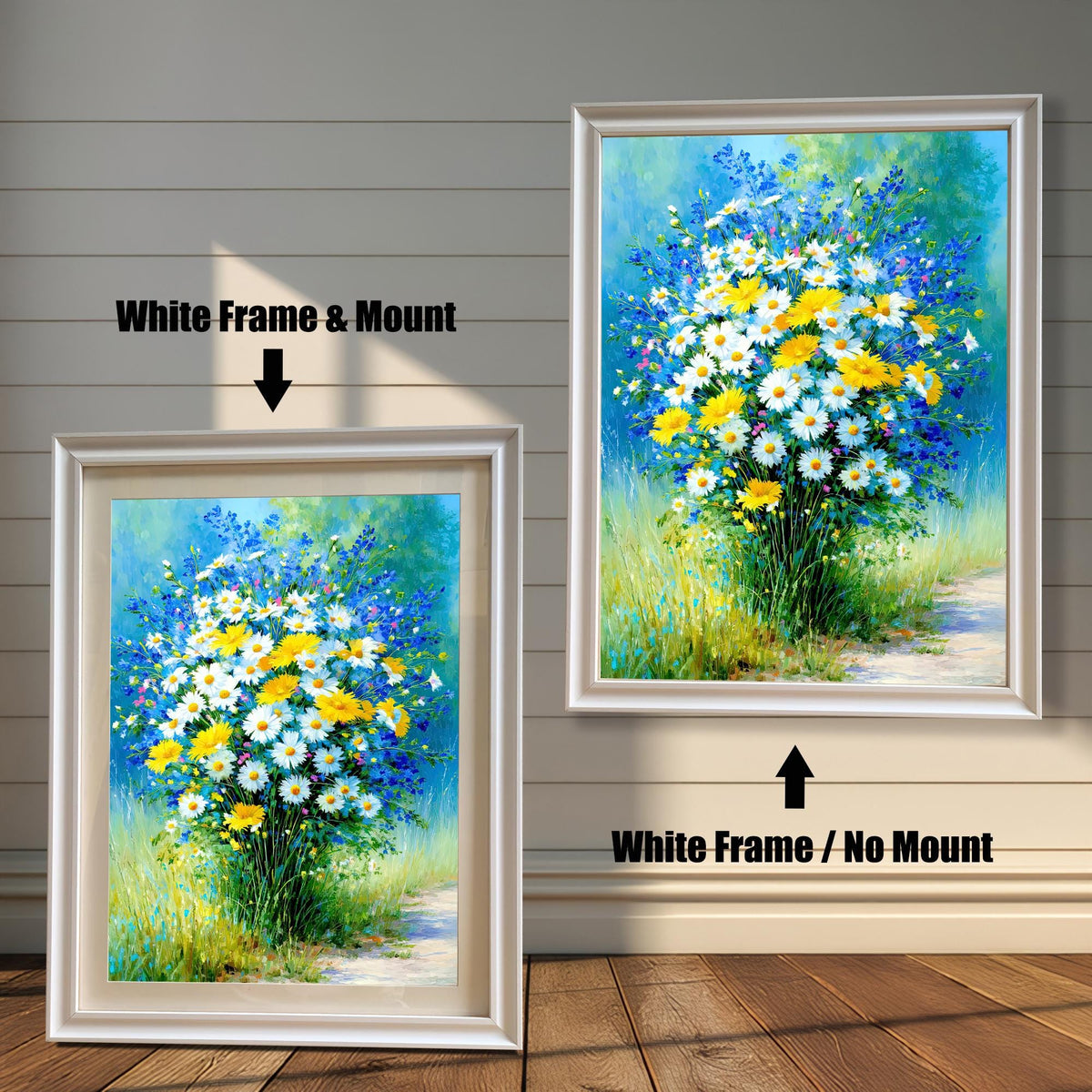 Comparison image of the framed art print. On the left, it has a White Frame & Mount (matting). On the right, it has a White Frame / No Mount. The art is a vibrant daisy and wildflower bouquet painting.