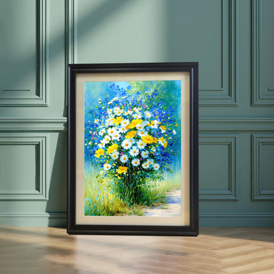 A vertically framed art print with a Black wood frame and a mount (matting), leaning on a dark green wainscoted wall and light wood floor. The painting is a bright floral arrangement of daisies and blue meadow flowers.