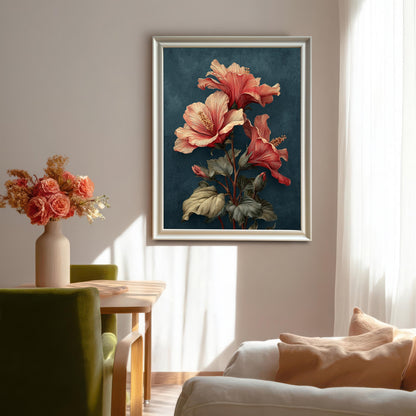 Vertical framed art print in a bright dining or living room. The print features a detailed coral pink and red hibiscus flower illustration on a dark blue-teal background. The frame is silver or light grey.