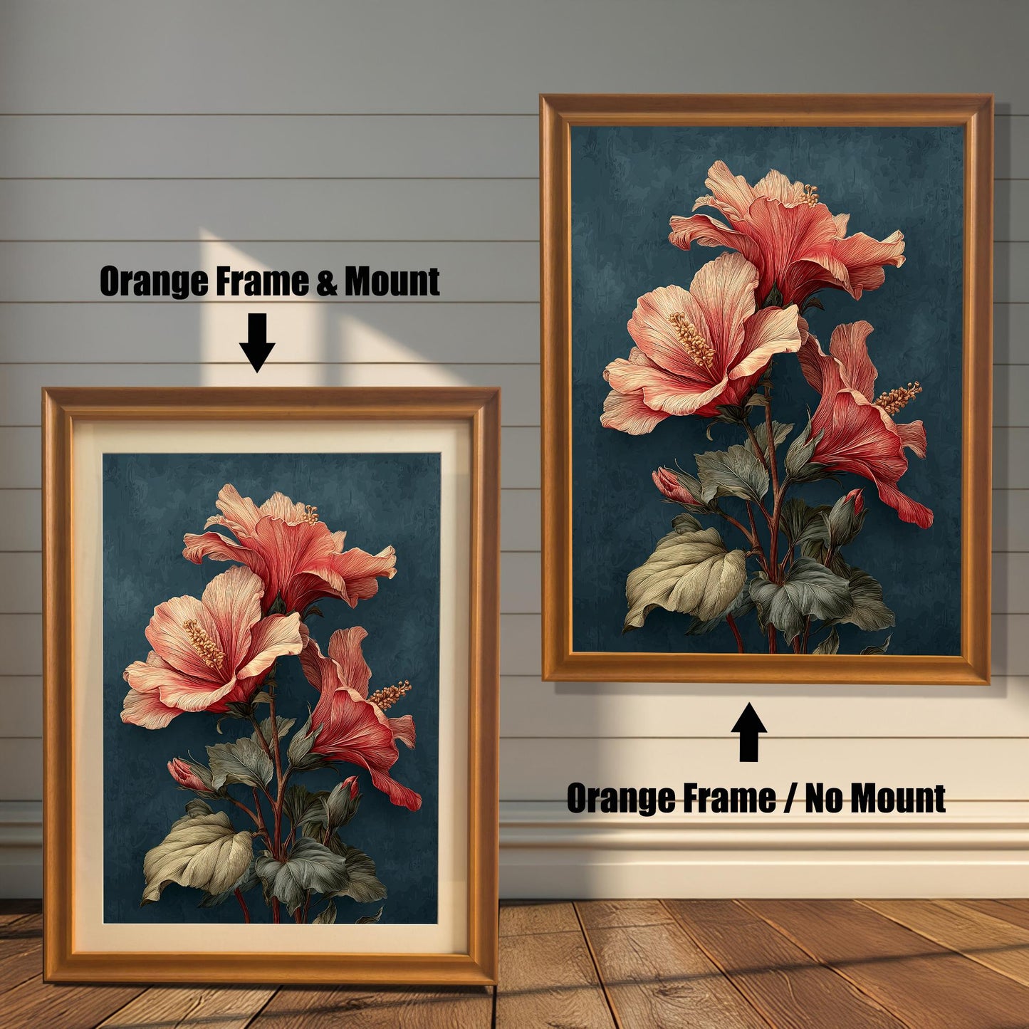 Comparison image of the framed art print. On the left, it has an Orange Frame & Mount (matting). On the right, it has an Orange Frame / No Mount. The art is a vintage-style hibiscus floral print.
