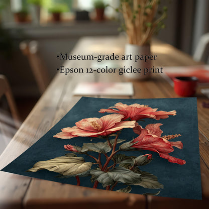 Close-up of the unframed art print on a wooden table, emphasizing print quality. Text highlights Museum-grade art paper and Epson 12-color giclee print. The print shows a detailed hibiscus botanical illustration.