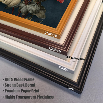 Close-up stack of frame corners showing the Orange, Coffee, White, and Black wood frame color options. Text confirms 100% Wood Frame, Premium Paper Print, and Highly Transparent Plexiglass. The frame width is 0.9"" (2.2cm).