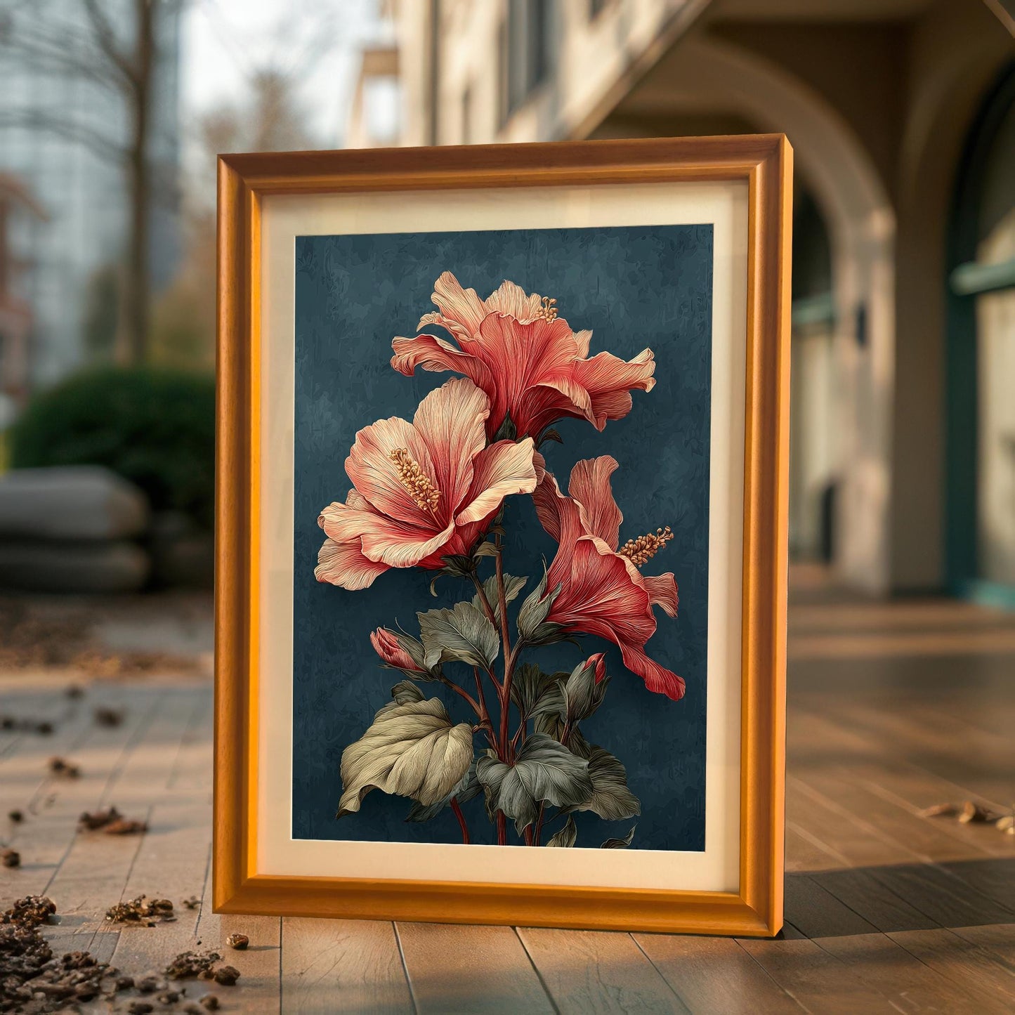 A framed art print with an Orange wood frame and a mount leaning on a wooden floor outdoors. The art features a bold, detailed illustration of three coral-colored hibiscus blooms.