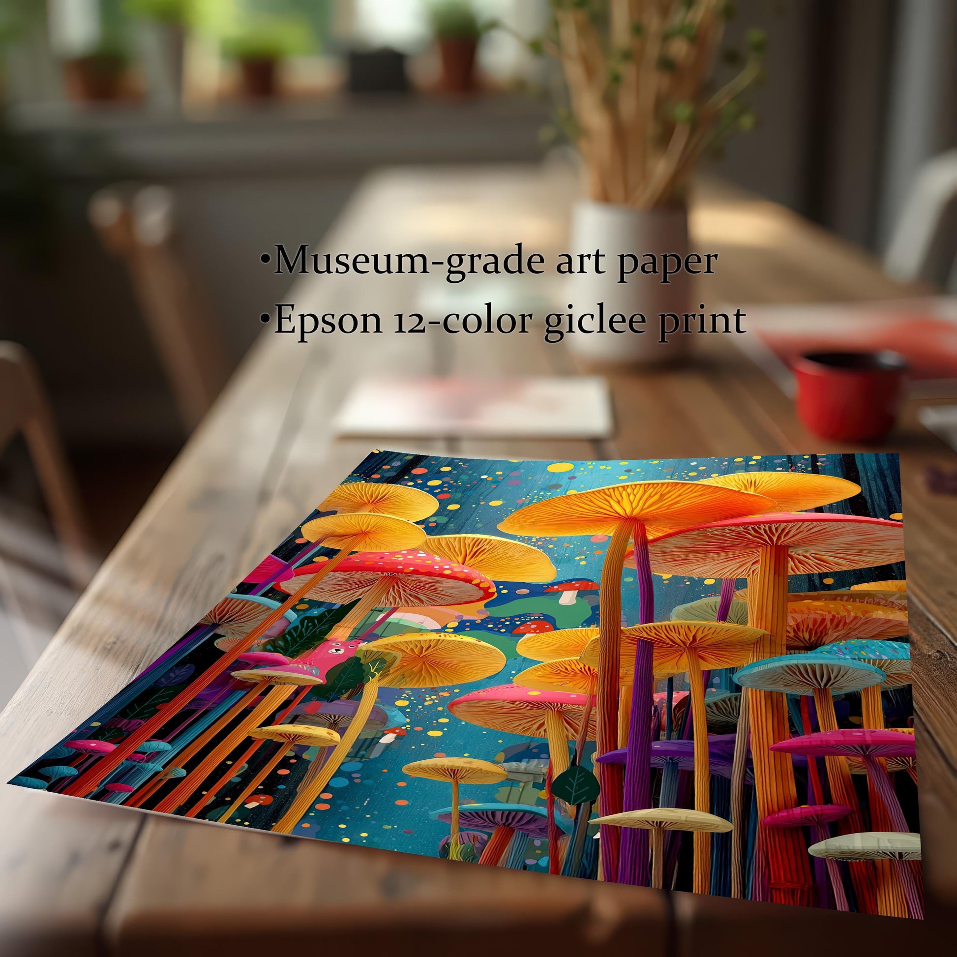 Close-up of the colorful mushroom art print on a wooden table, emphasizing the print quality. Text overlay highlights 'Museum-grade art paper' and 'Epson 12-color giclee print'.