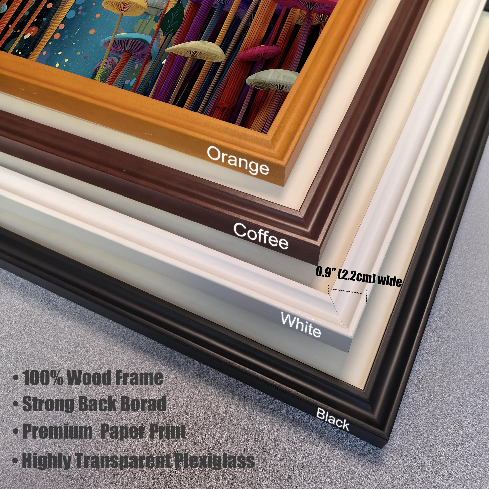 Frame color options and material details for the art print. Stacked frame corners labeled 'Orange', 'Coffee', 'White', and 'Black'. Text highlights '100% Wood Frame', 'Strong Back Board', 'Premium Paper Print', and 'Highly Transparent Plexiglass'. Frame width is specified as 0.9'' (2.2cm).