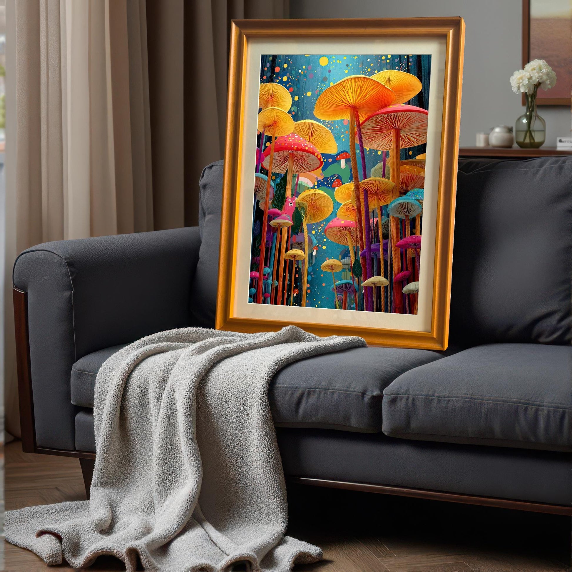 Vibrant framed mushroom art print in a gold-colored wood frame leaning on a dark gray sofa with a light gray blanket draped over it in a cozy indoor setting.